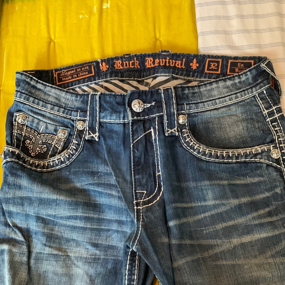 Men’s rock revival jeans, worn on bottom